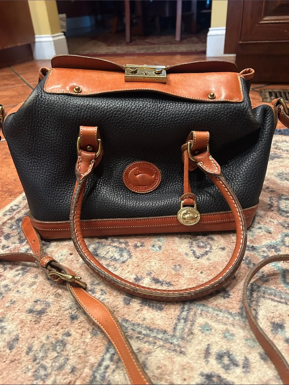 Dooney & Bourke Navy Pebble Leather Satchel with Tan Trim